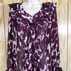 Dennis Basso Sheer Tunic Sz. L Ruffle Print Top
